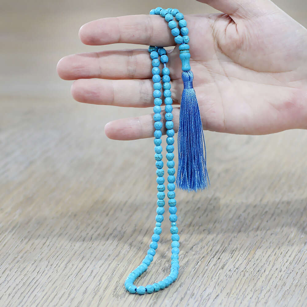 Fasetalı Firuze Doğaltaş Namaz Tesbihi - Osmanlı Saray Püsküllü - Turkuaz - Küre Kesim - 2