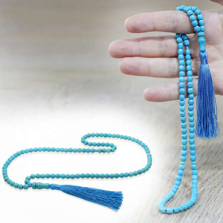 Fasetalı Firuze Doğaltaş Namaz Tesbihi - Osmanlı Saray Püsküllü - Turkuaz - Küre Kesim - Tesbihane