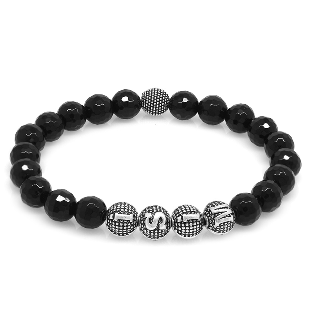 Oniks Doğaltaş Bileklik - İsme Özel Yazılı - Metal Kombinli - Faset Küre Kesim - 3