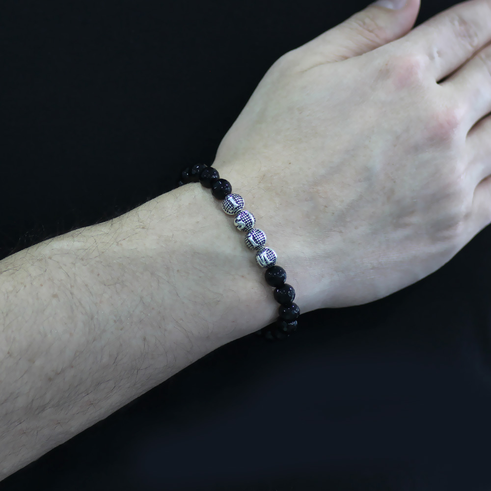 Oniks Doğaltaş Bileklik - İsme Özel Yazılı - Metal Kombinli - Faset Küre Kesim - 2