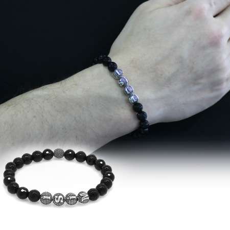 Oniks Doğaltaş Bileklik - İsme Özel Yazılı - Metal Kombinli - Faset Küre Kesim - Tesbihane