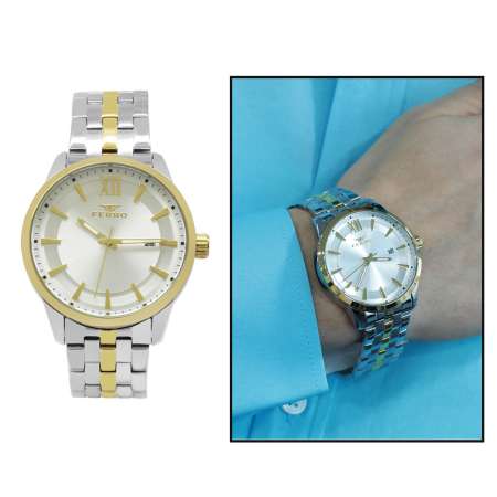 Ferro Altın Gümüş Renk Çelik Kordonlu Erkek Kol Saati TH-F11220A-D - Tesbihane