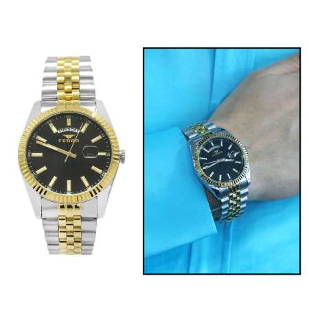 Ferro Altın Gümüş Renk Çelik Kordonlu Erkek Kol Saati TH-F11247A-D2 - Tesbihane