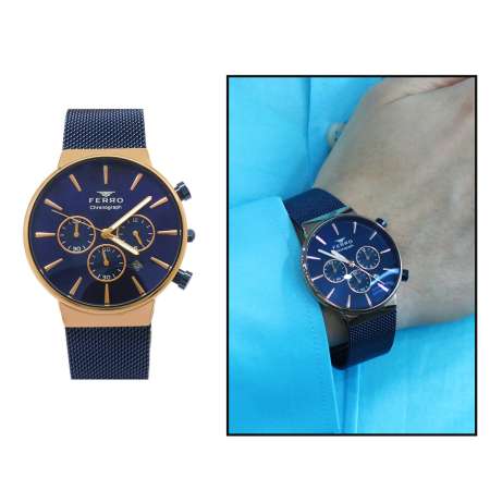 Ferro Lacivert Renk Hasır Kordonlu Erkek Kol Saati TH-FM1697C-T - Tesbihane
