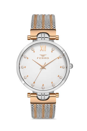 Ferro Rose Gümüş Renk Çelik Hasır Kordon Kadın Kol Saati Su Geçirmez TH-FL21318C-E - Tesbihane