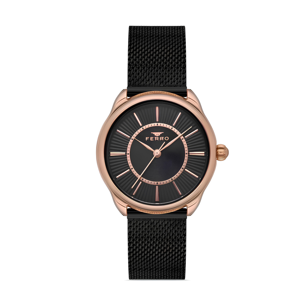 Ferro Siyah Çelik Hasır Kordon Kadın Kol Saati Su Geçirmez TH-FL21242C-C - 1
