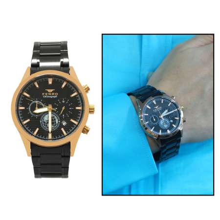 Ferro Siyah Renk Çelik Kordonlu Erkek Kol Saati TH-FM31215A-R - Tesbihane