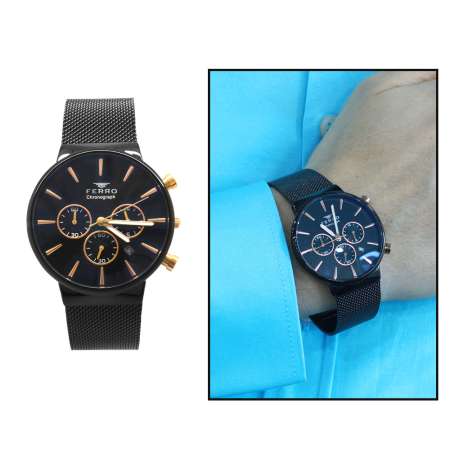 Ferro Siyah Renk Hasır Kordonlu Erkek Kol Saati TH-FM1697C-G - Tesbihane