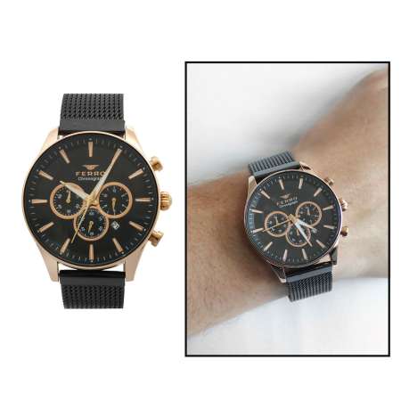 Ferro Siyah Renk Hasır Kordonlu Erkek Kol Saati TH-FM31912C-R - Tesbihane