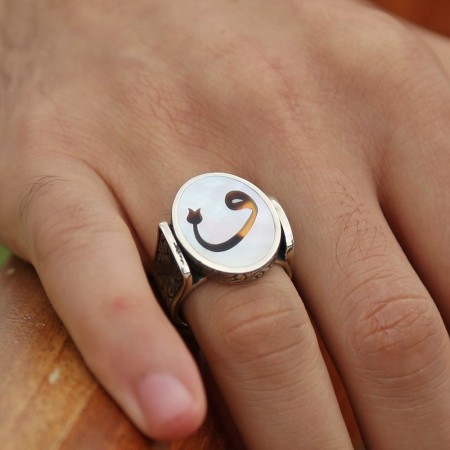 Fil Dişi Üzerine Vav Harfli 925 Ayar Gümüş Oval Yüzük - Tesbihane