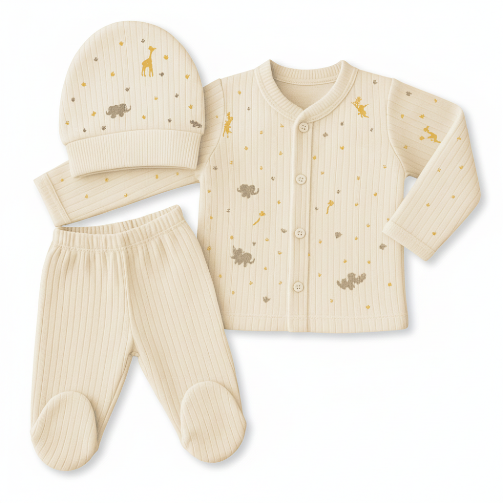 Fil Zürafa Baskılı İsme Özel Nakışlı Krem 3 lü Bebek Takımı - 4