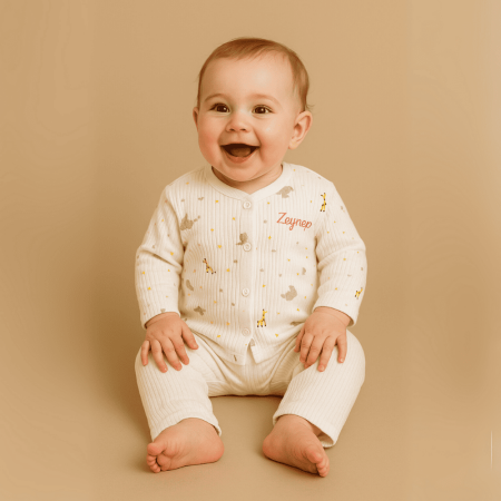 Fil Zürafa Baskılı İsme Özel Nakışlı Toz Pembe 2 li Bebek Takımı - Tesbihane