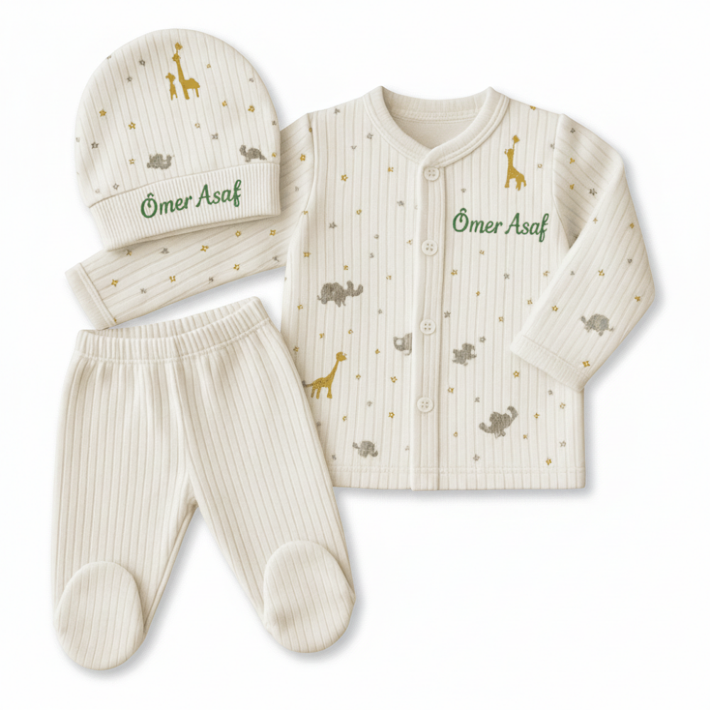 Fil Zürafa Baskılı İsme Özel Nakışlı Beyaz 3 lü Bebek Takımı 0-3 Ay - 4