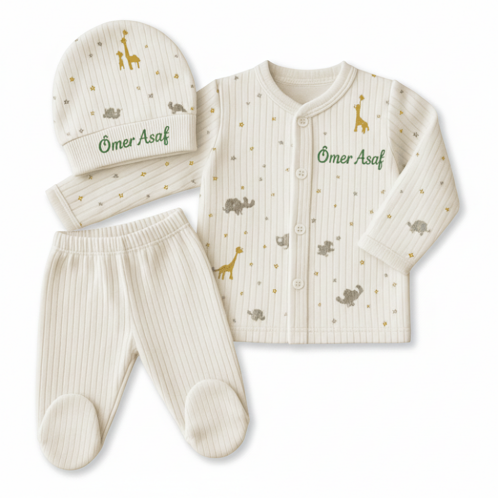 Fil Zürafa Baskılı İsme Özel Nakışlı Beyaz 3 lü Bebek Takımı 3-6 Ay - 4