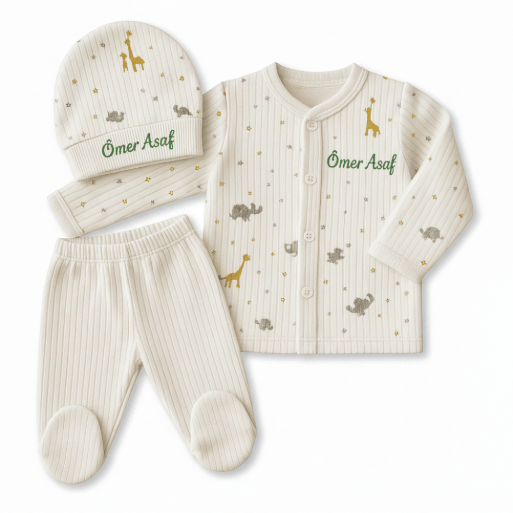 Fil Zürafa Baskılı İsme Özel Nakışlı Beyaz 3 lü Bebek Takımı 6-9 Ay - 4