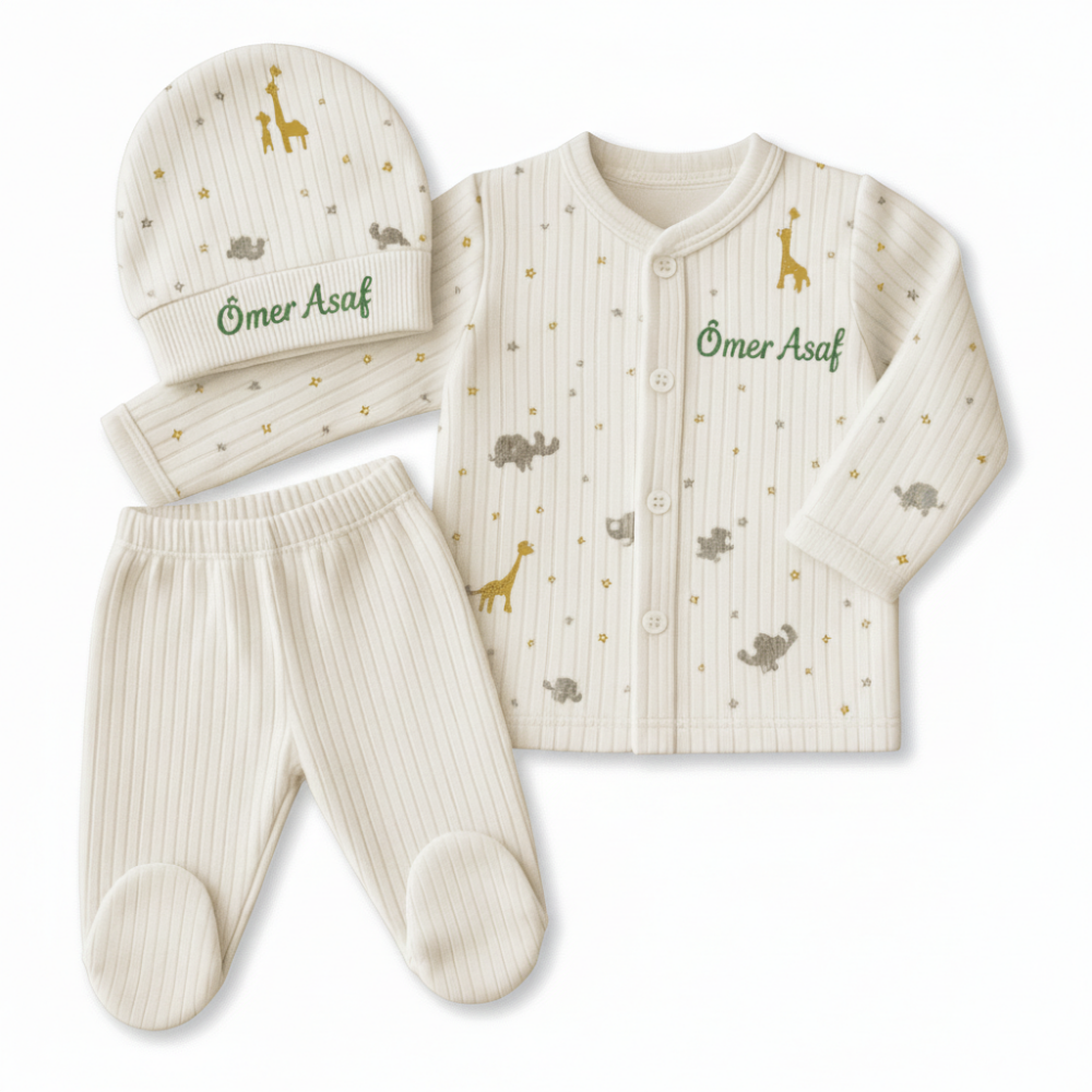 Fil Zürafa Baskılı İsme Özel Nakışlı Beyaz 3 lü Bebek Takımı 9-12 Ay - 4