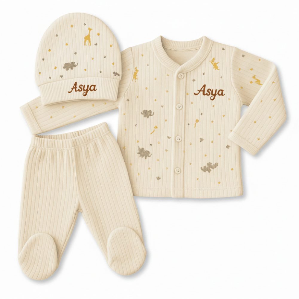 Fil Zürafa Baskılı İsme Özel Nakışlı Krem 3 lü Bebek Takımı 0-3 Ay - 4