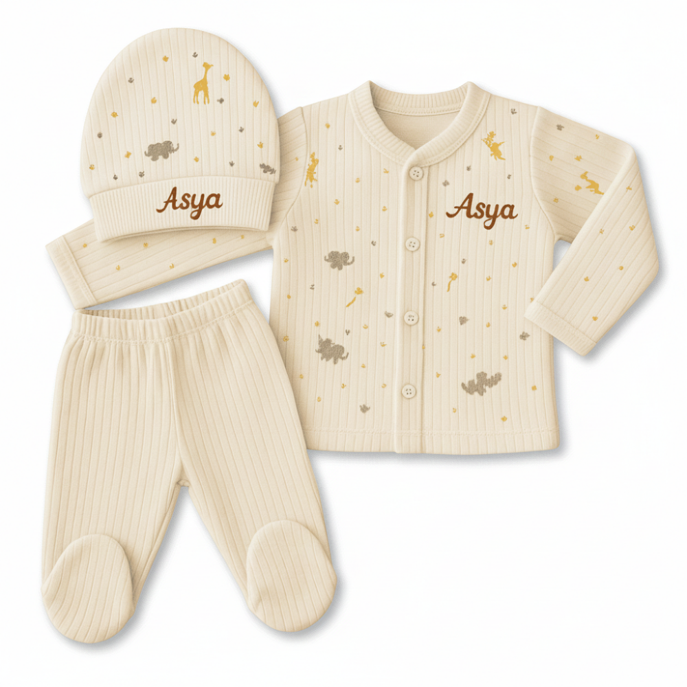 Fil Zürafa Baskılı İsme Özel Nakışlı Krem 3 lü Bebek Takımı 3-6 Ay - 4