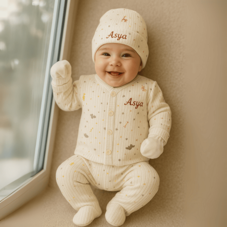 Fil Zürafa Baskılı İsme Özel Nakışlı Krem 3 lü Bebek Takımı 9-12 Ay - Tesbihane