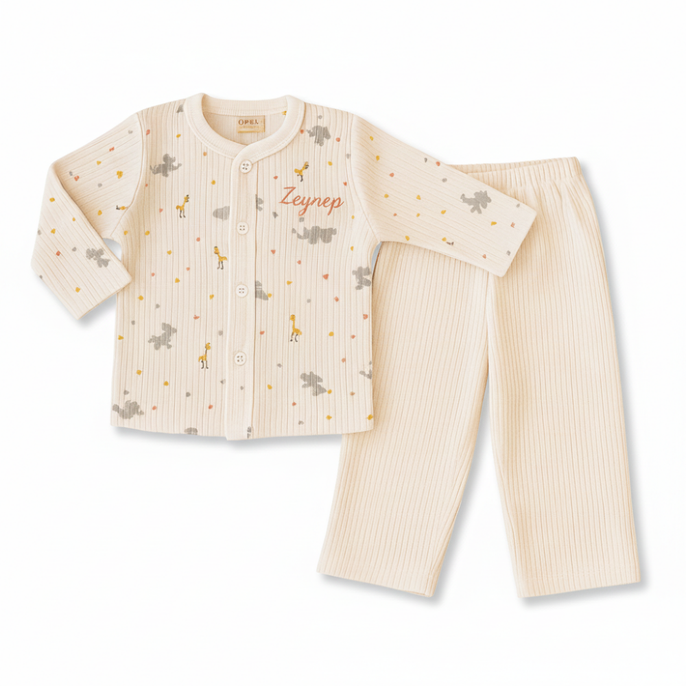 Fil Zürafa Baskılı İsme Özel Nakışlı Toz Pembe 2 li Bebek Takımı 0-3 Ay - 4