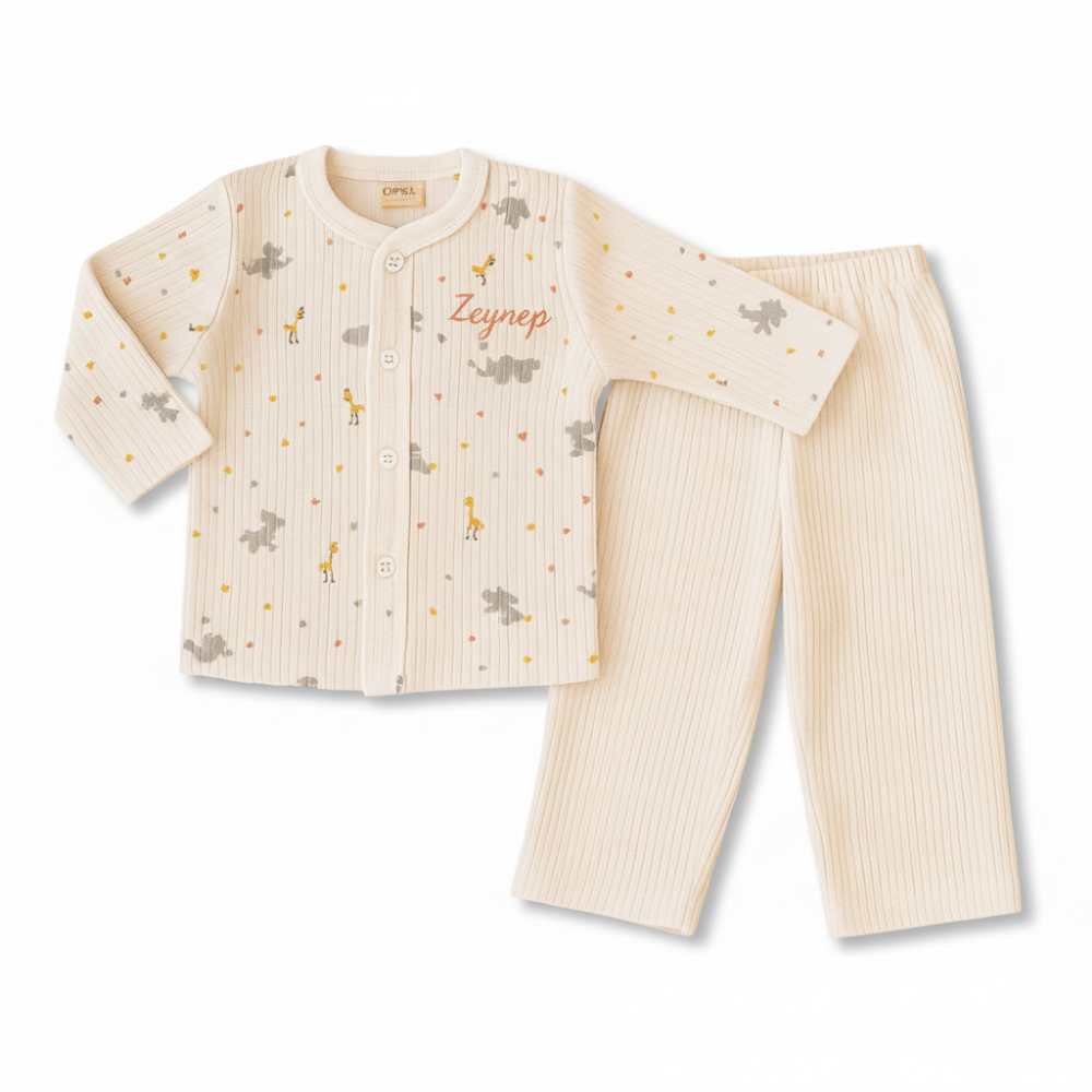 Fil Zürafa Baskılı İsme Özel Nakışlı Toz Pembe 2 li Bebek Takımı 3-6 Ay - 4