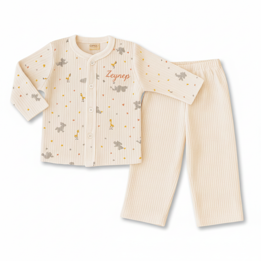 Fil Zürafa Baskılı İsme Özel Nakışlı Toz Pembe 2 li Bebek Takımı 6-9 Ay - 4