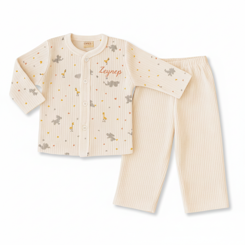 Fil Zürafa Baskılı İsme Özel Nakışlı Toz Pembe 2 li Bebek Takımı 9-12 Ay - 4