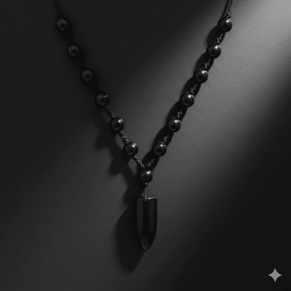 Fildişi Tasarım Siyah Örme İp Zincirli Oniks Taşlı Doğaltaş Erkek Kolye - 3