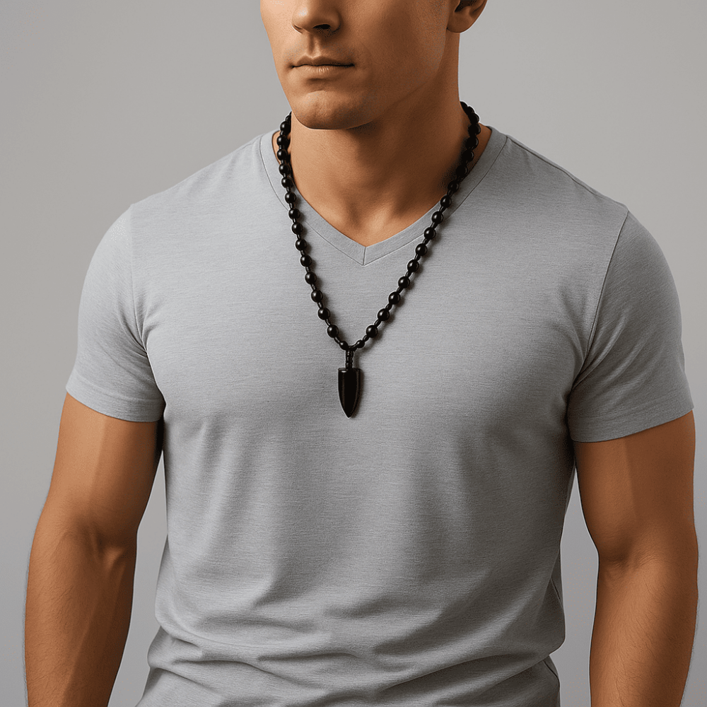 Fildişi Tasarım Siyah Örme İp Zincirli Oniks Taşlı Doğaltaş Erkek Kolye - 2