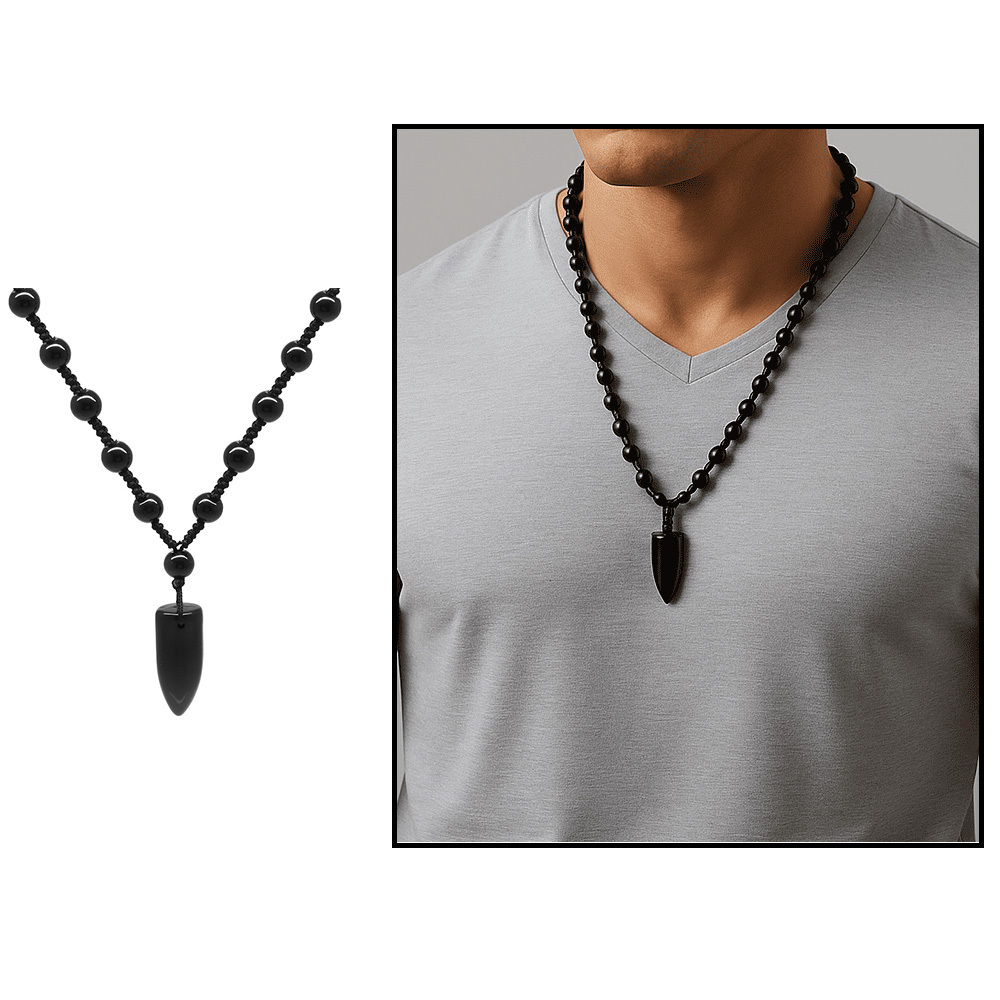 Fildişi Tasarım Siyah Örme İp Zincirli Oniks Taşlı Doğaltaş Erkek Kolye - 1