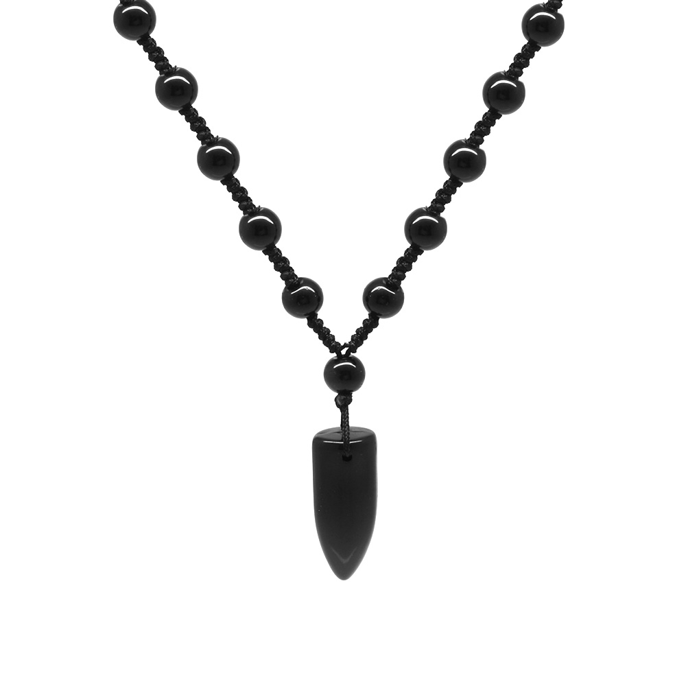 Fildişi Tasarım Siyah Örme İp Zincirli Oniks Taşlı Doğaltaş Erkek Kolye - 4