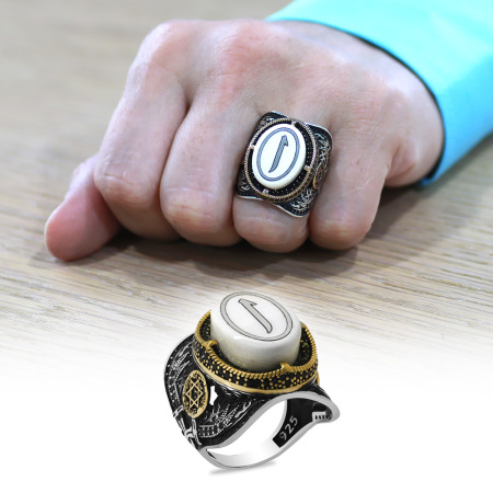 Fildişi Üzerine Arapça Elif İşlemeli Kenarları Zirkon Taşlı Koleksiyonluk 925 Ayar Gümüş Erkek Yüzük - Tesbihane