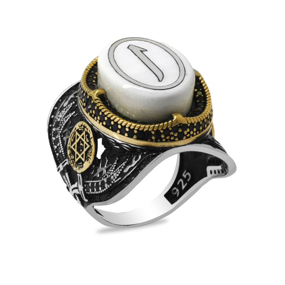 Fildişi Üzerine Arapça Elif İşlemeli Kenarları Zirkon Taşlı Koleksiyonluk 925 Ayar Gümüş Erkek Yüzük - 3