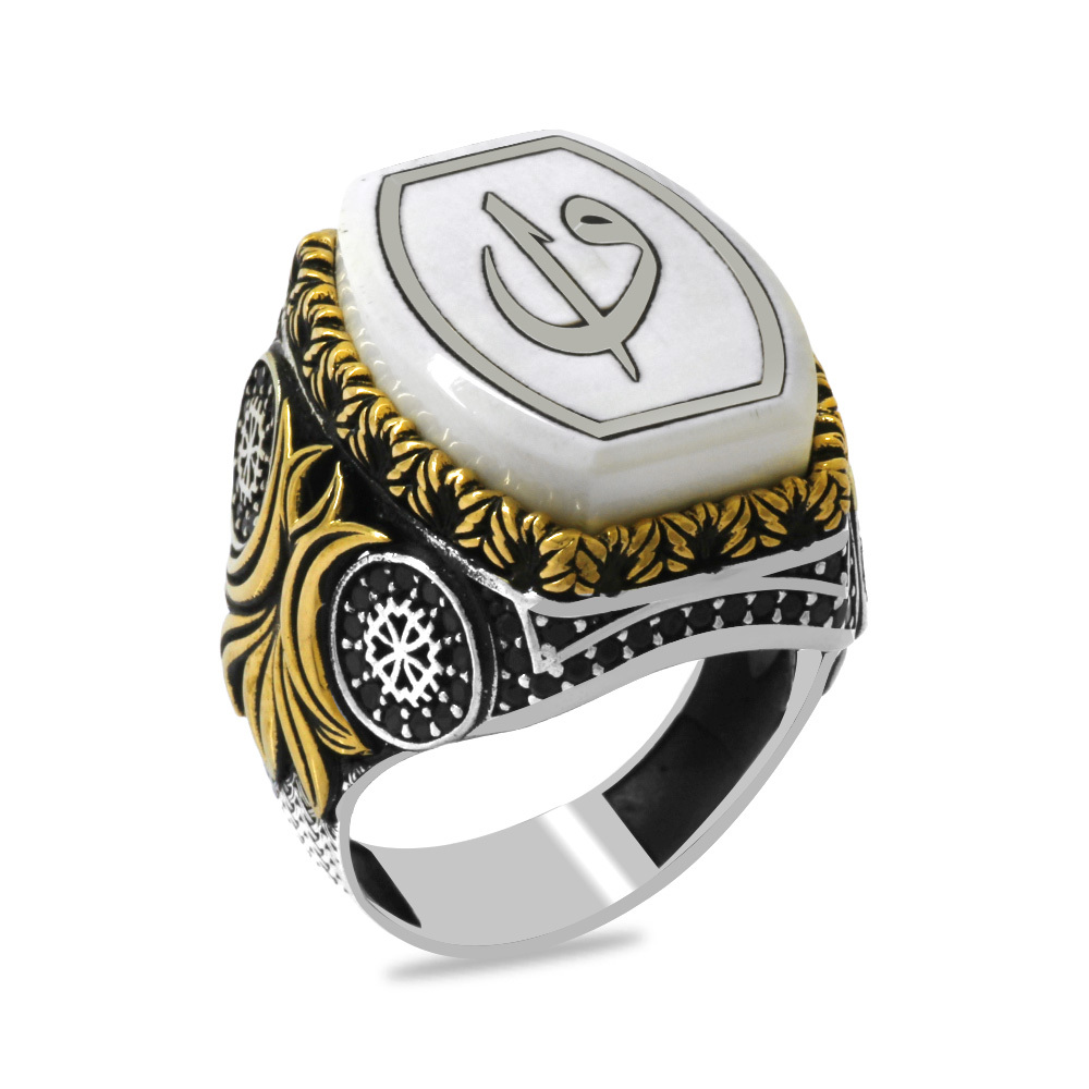 Fildişi Üzerine Arapça Elif Vav İşlemeli Zirkon Taşlı Koleksiyonluk 925 Ayar Gümüş Erkek Yüzük - 2