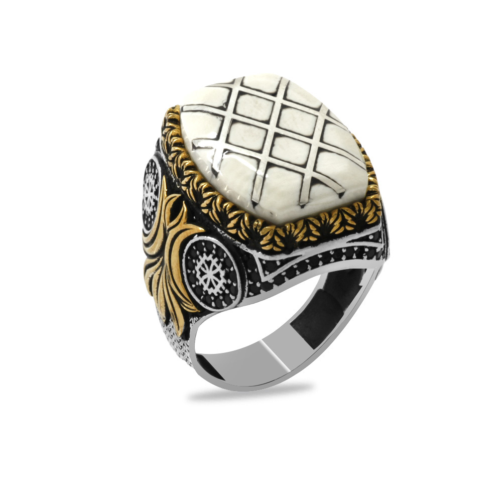 Fildişi Üzerine Gümüş Baklava Deseni İşlemeli Koleksiyonluk 925 Ayar Gümüş Erkek Yüzük - 2