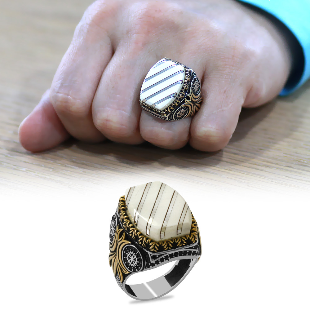 Fildişi Üzerine Gümüş Çapraz Şerit İşlemeli Alev Süslemeli Koleksiyonluk 925 Ayar Gümüş Erkek Yüzük - 1