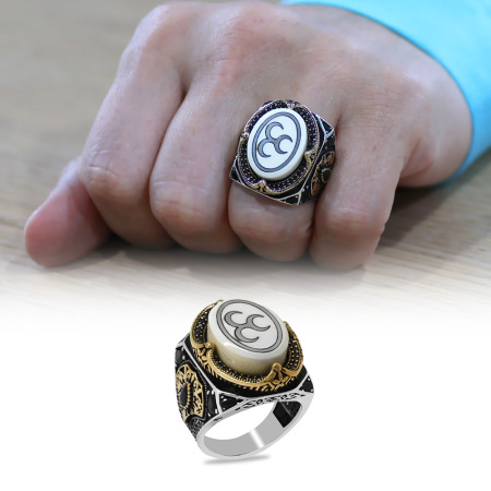 Fildişi Üzerine Üç Hilal İşlemeli Kenarları Zirkon Taşlı Koleksiyonluk 925 Ayar Gümüş Erkek Yüzük - Tesbihane