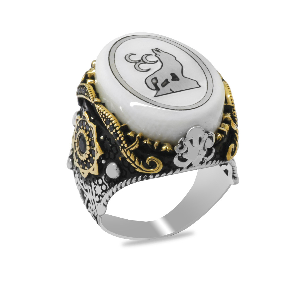 Fildişi Üzerine Üç Hilal Kurt İşlemeli Oval Tasarım Koleksiyonluk 925 Ayar Gümüş Erkek Yüzük - 2