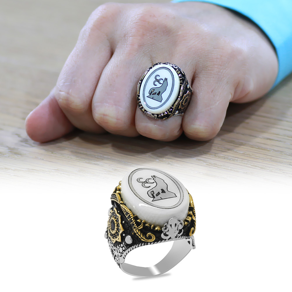 Fildişi Üzerine Üç Hilal Kurt İşlemeli Oval Tasarım Koleksiyonluk 925 Ayar Gümüş Erkek Yüzük - 1