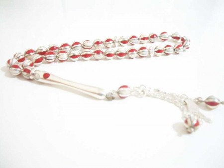 Fildişi ve Mercan İşlemeli Gümüş Tesbih - Tesbihane