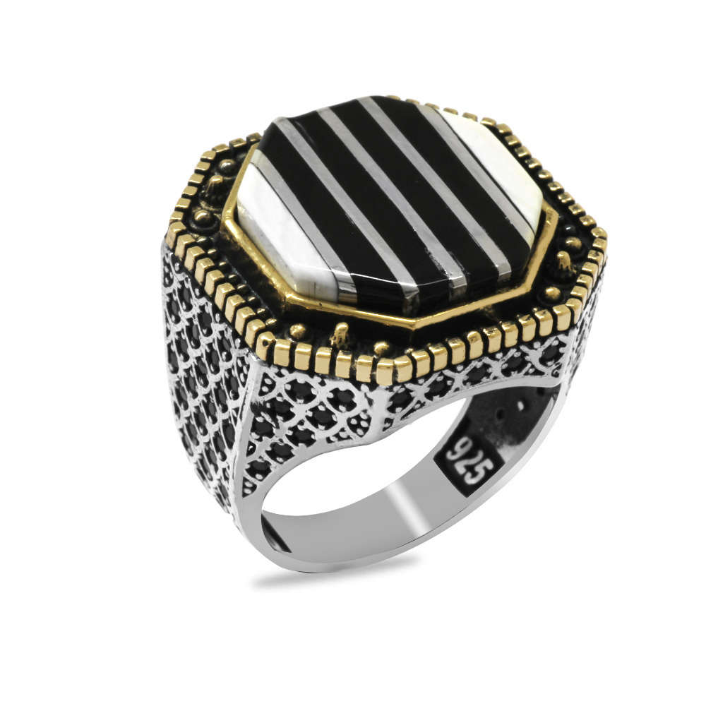 Fildişi ve Erzurum Oltu Taşına Gümüş Dikey Şerit İşlemeli Koleksiyonluk 925 Ayar Gümüş Erkek Yüzük - 2