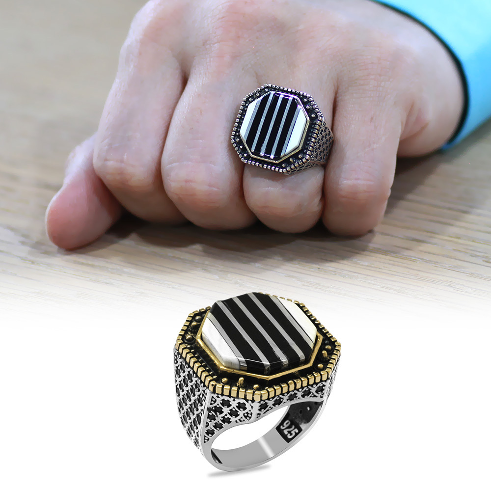 Fildişi ve Erzurum Oltu Taşına Gümüş Dikey Şerit İşlemeli Koleksiyonluk 925 Ayar Gümüş Erkek Yüzük - 1