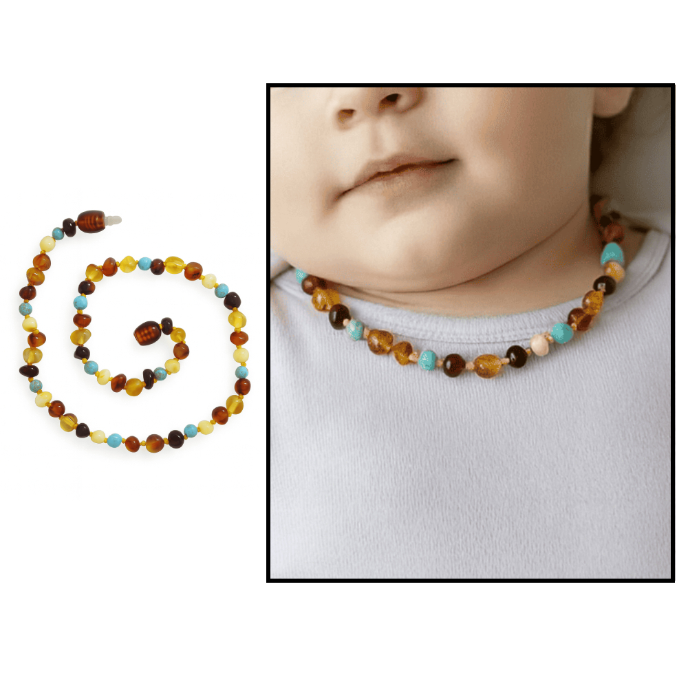Firuze Doğaltaş Kombinli Çok Renkli Özel Seri Naturel Damla Kehribar Bebek Diş Kolyesi - 1