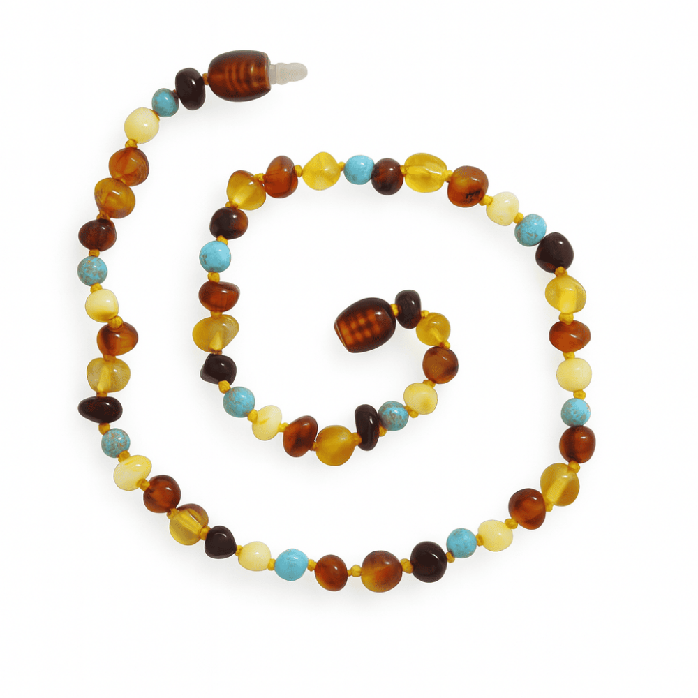 Firuze Doğaltaş Kombinli Çok Renkli Özel Seri Naturel Damla Kehribar Bebek Diş Kolyesi - 3