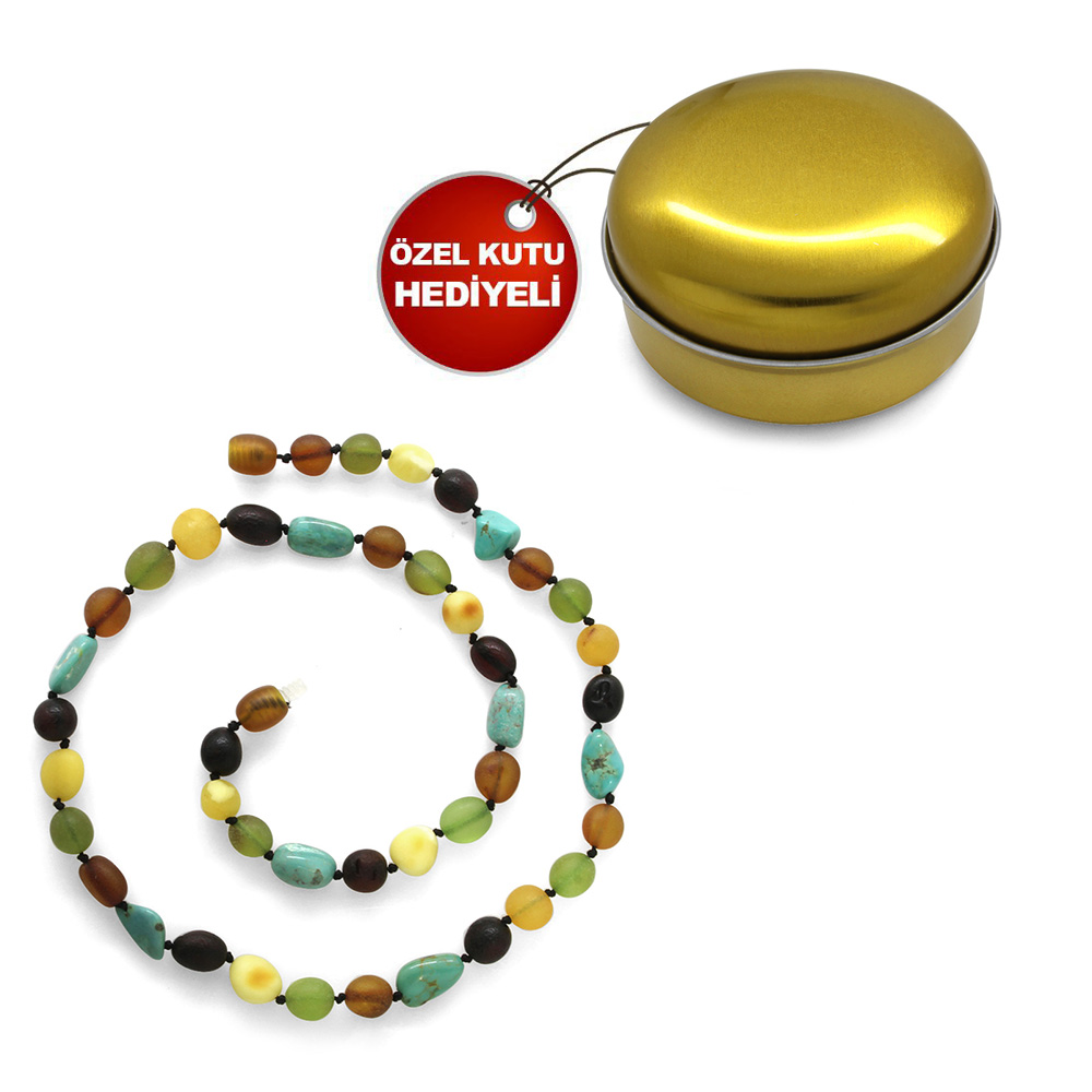 Firuze Doğaltaş Kombinli Çok Renkli Özel Seri Naturel Damla Kehribar Taşlı Kadın Kolye - 3