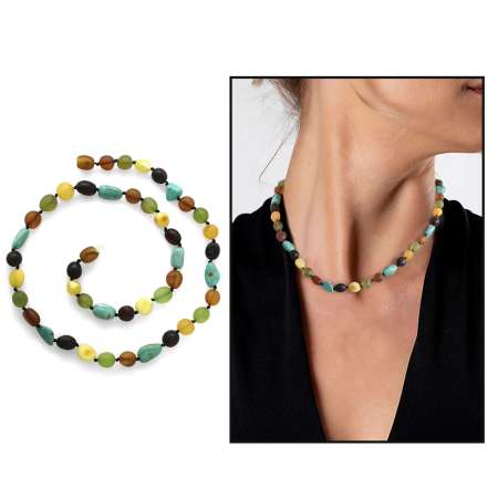 Firuze Doğaltaş Kombinli Çok Renkli Özel Seri Naturel Damla Kehribar Taşlı Kadın Kolye - Tesbihane