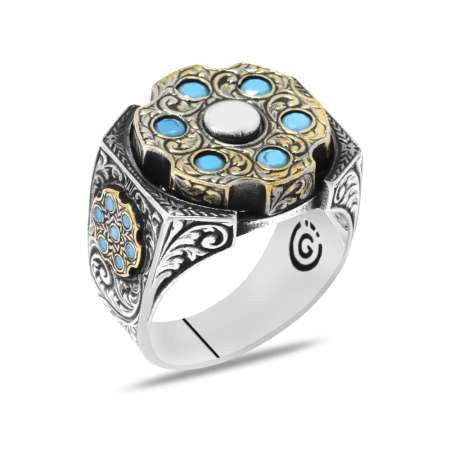 Firuze Taşlı Kalem İşçilikli Dönen Çark Tasarım 925 Ayar Gümüş Erkek Yüzük - Tesbihane