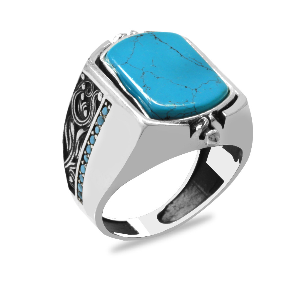 Firuze Taşlı Mikro Taş Mıhlamalı Çift Taraflı İsme Özel Harf Yazılı 925 Ayar Gümüş Erkek Yüzük - 4