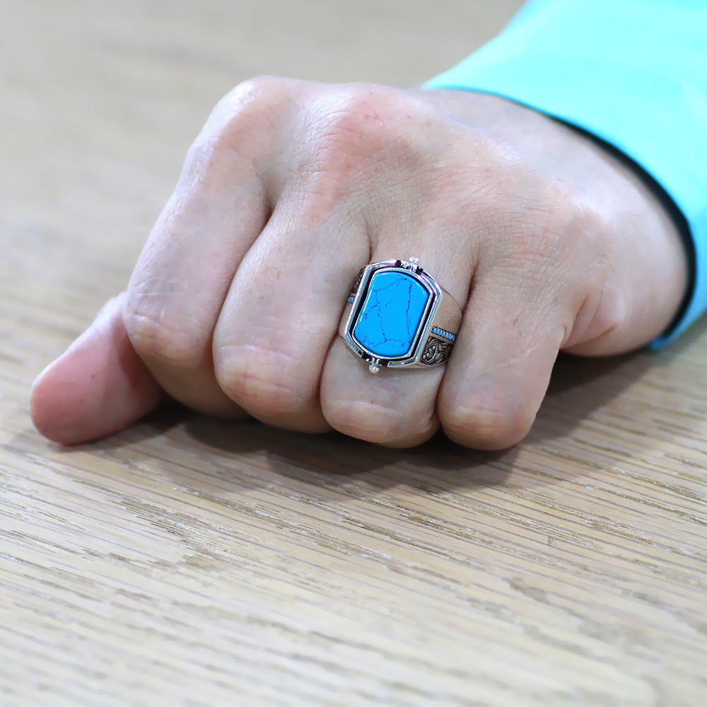 Firuze Taşlı Mikro Taş Mıhlamalı Çift Taraflı İsme Özel Harf Yazılı 925 Ayar Gümüş Erkek Yüzük - 5