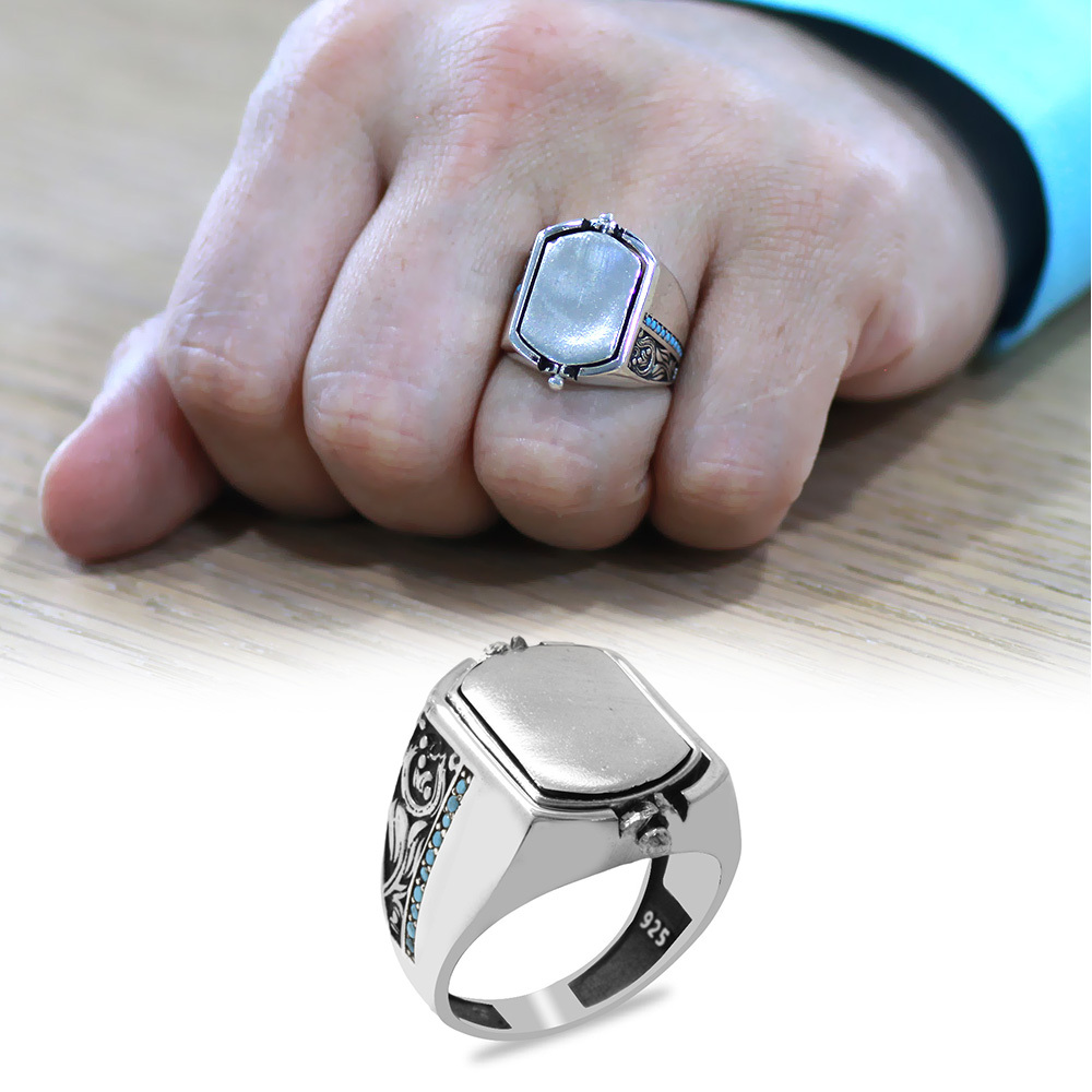 Firuze Taşlı Mikro Taş Mıhlamalı Çift Taraflı İsme Özel Harf Yazılı 925 Ayar Gümüş Erkek Yüzük - 2